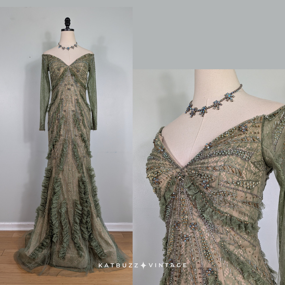 Vintage Terani Prom Dress Maxi Gown 4 Green Ruffle Fairy Princess Sleeve Evening
